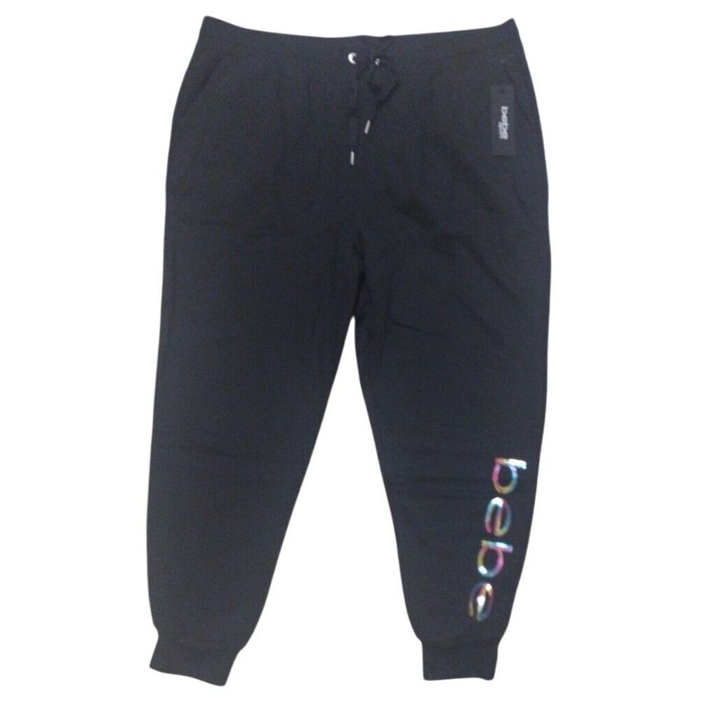 Bebe Jogger Sweatpants Women's 2X Black Fleece Activewear Rainbow Sequin Sporty